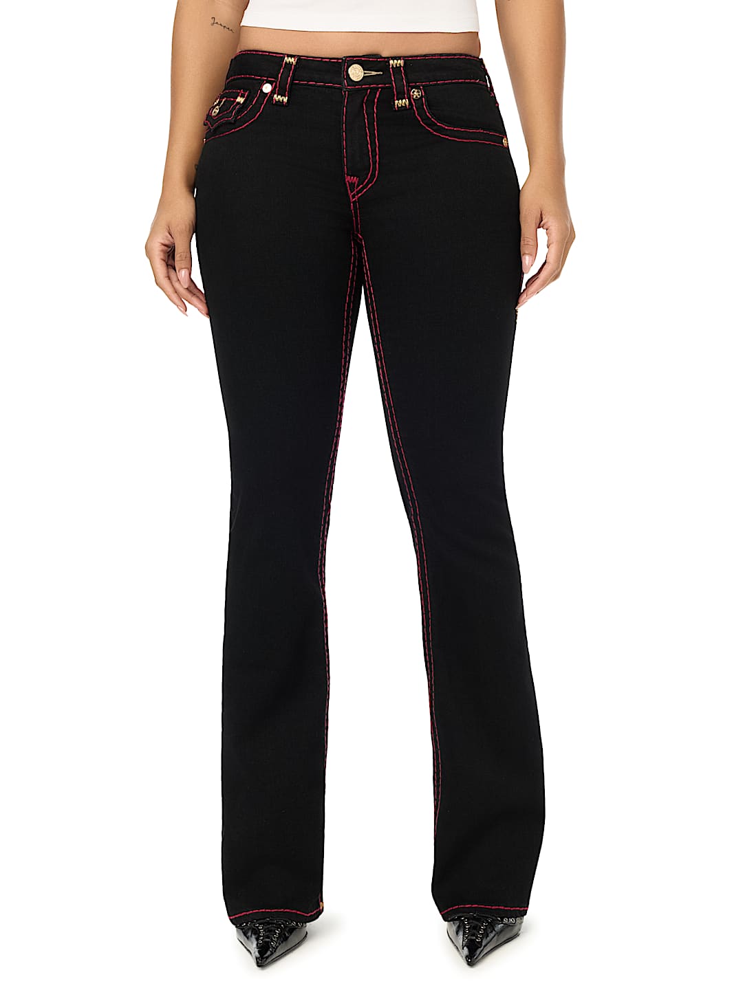 BECCA MID RISE LUREX SUPER T FLAP BOOTCUT JEAN