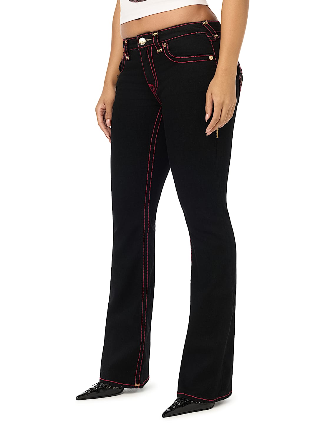 BECCA MID RISE LUREX SUPER T FLAP BOOTCUT JEAN