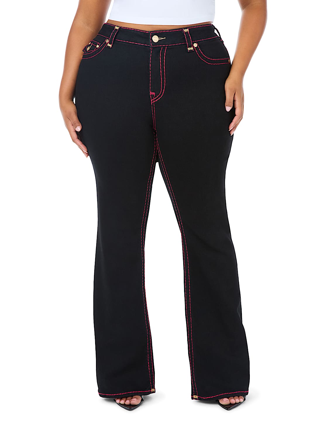 PLUS BECCA MID RISE LUREX SUPER T FLAP BOOTCUT JEAN