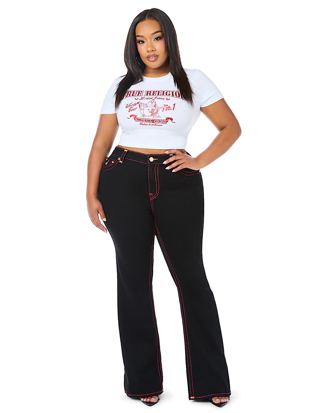 PLUS BECCA MID RISE LUREX SUPER T FLAP BOOTCUT JEAN