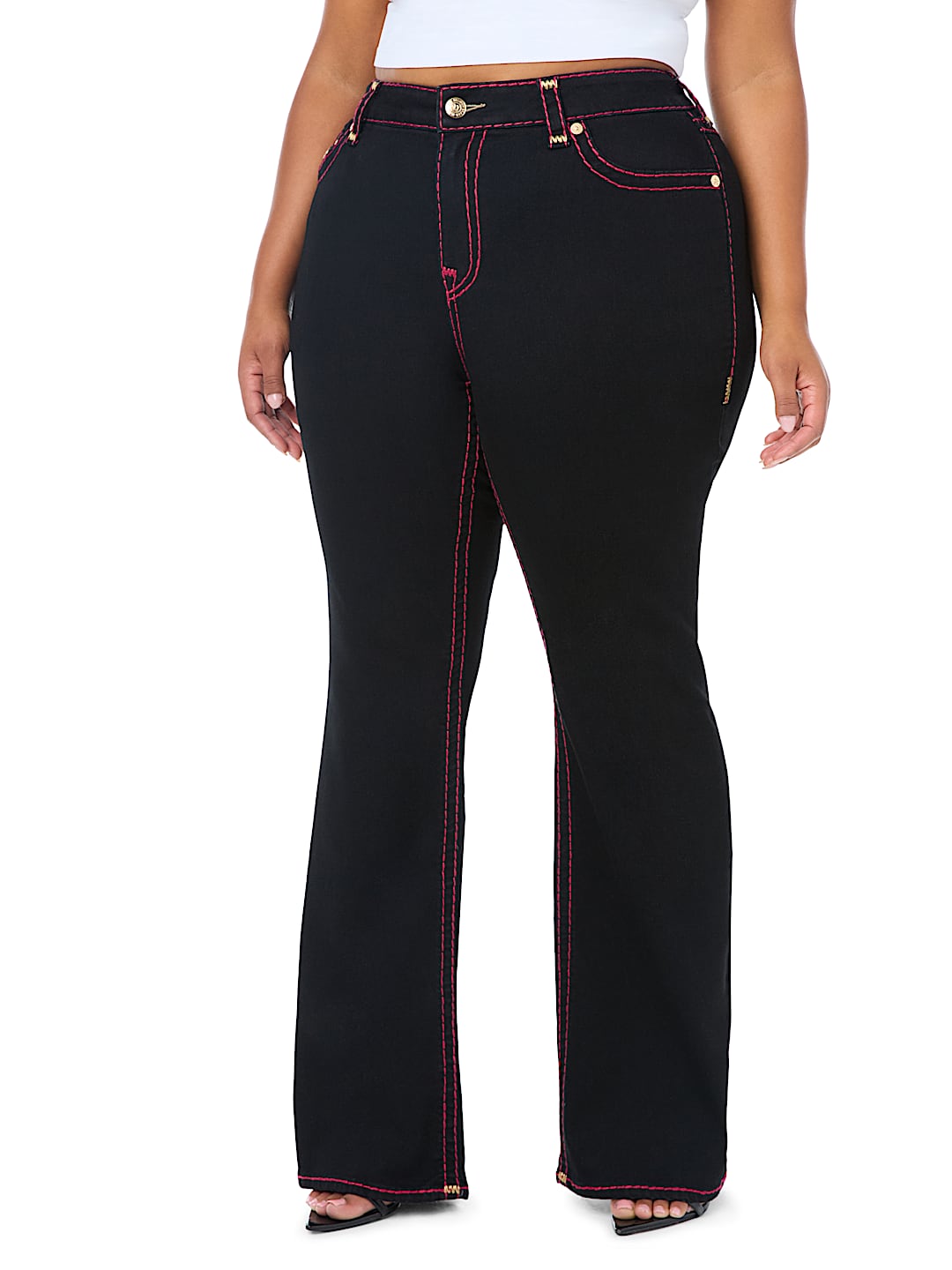 PLUS BECCA MID RISE LUREX SUPER T FLAP BOOTCUT JEAN