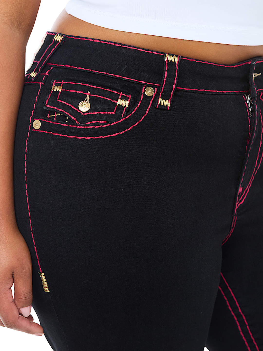 PLUS BECCA MID RISE LUREX SUPER T FLAP BOOTCUT JEAN