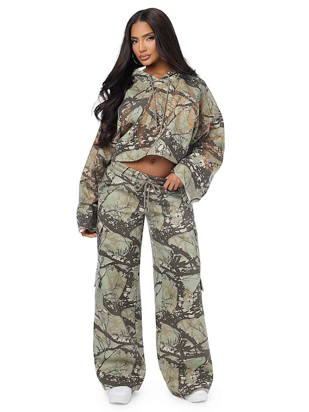 BEDAZZLED CAMO CARGO WIDE LEG BAGGY SWEATPANT