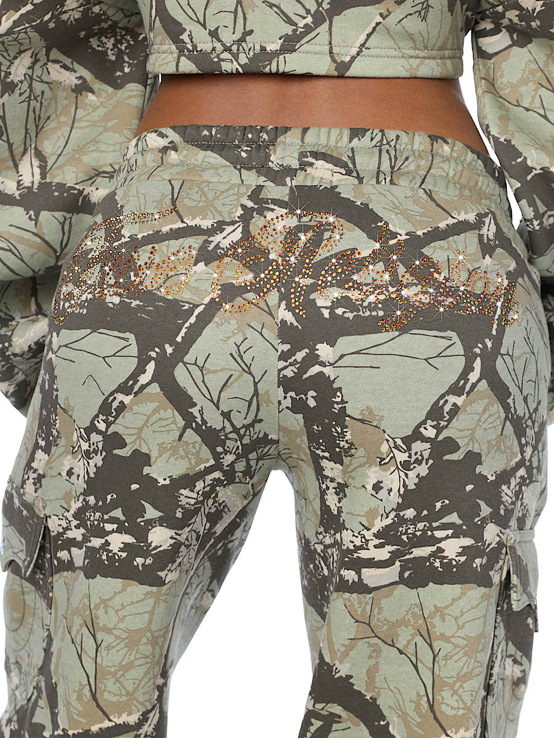 BEDAZZLED CAMO CARGO WIDE LEG BAGGY SWEATPANT