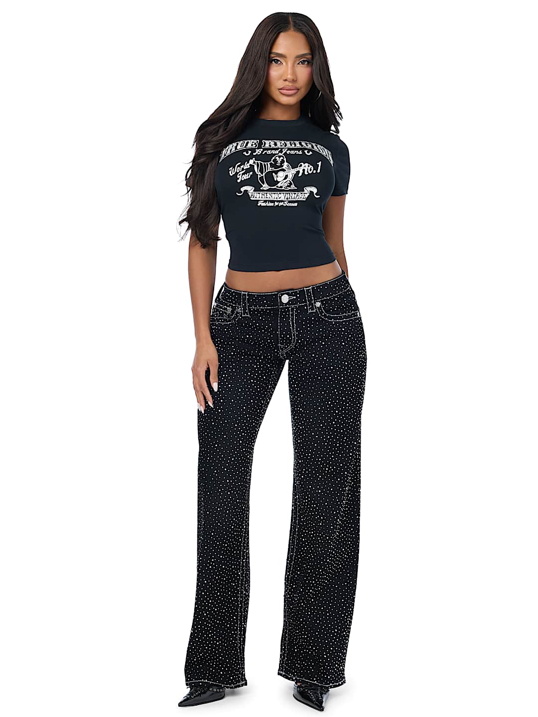 JUNO LOW RISE CRYSTAL BIG T BAGGY JEAN