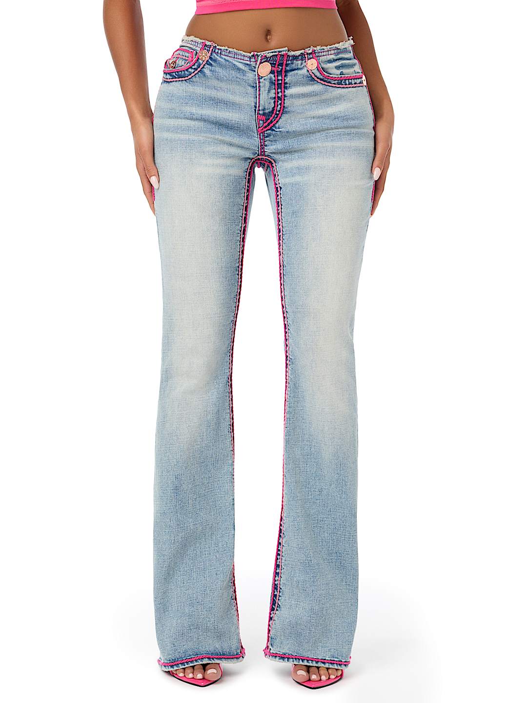 TRUE RELIGION X BABY PHAT BECCA LOW RISE CUT OFF WAISTBAND ROPE STITCH BOOTCUT JEAN