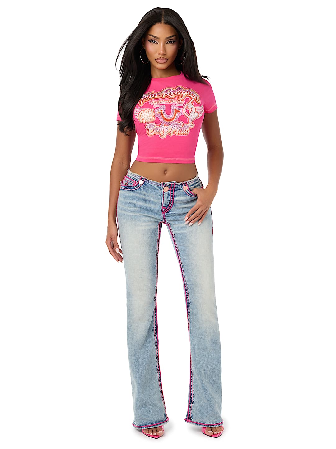 TRUE RELIGION X BABY PHAT BECCA LOW RISE CUT OFF WAISTBAND ROPE STITCH BOOTCUT JEAN