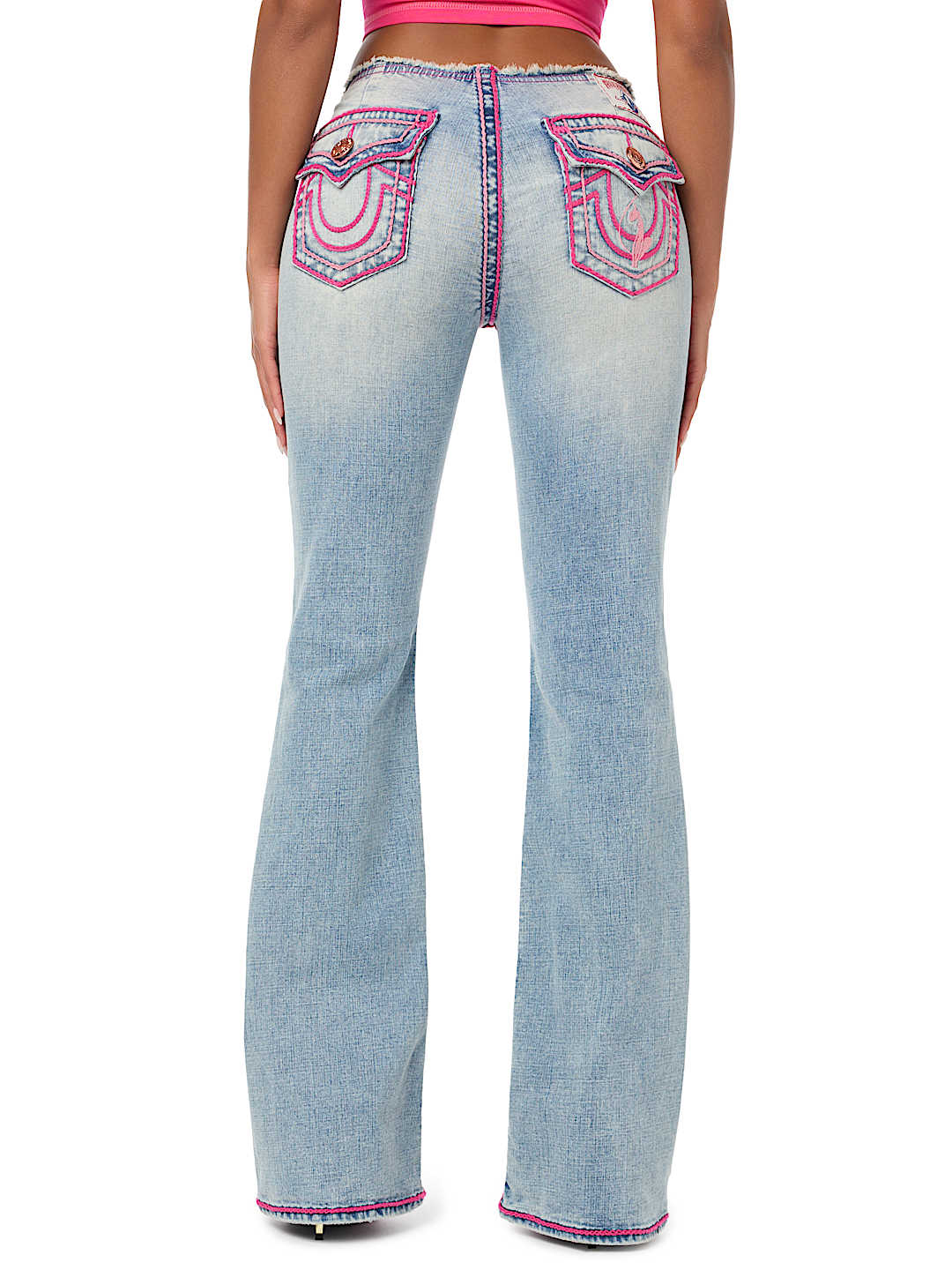 TRUE RELIGION X BABY PHAT BECCA LOW RISE CUT OFF WAISTBAND ROPE STITCH BOOTCUT JEAN