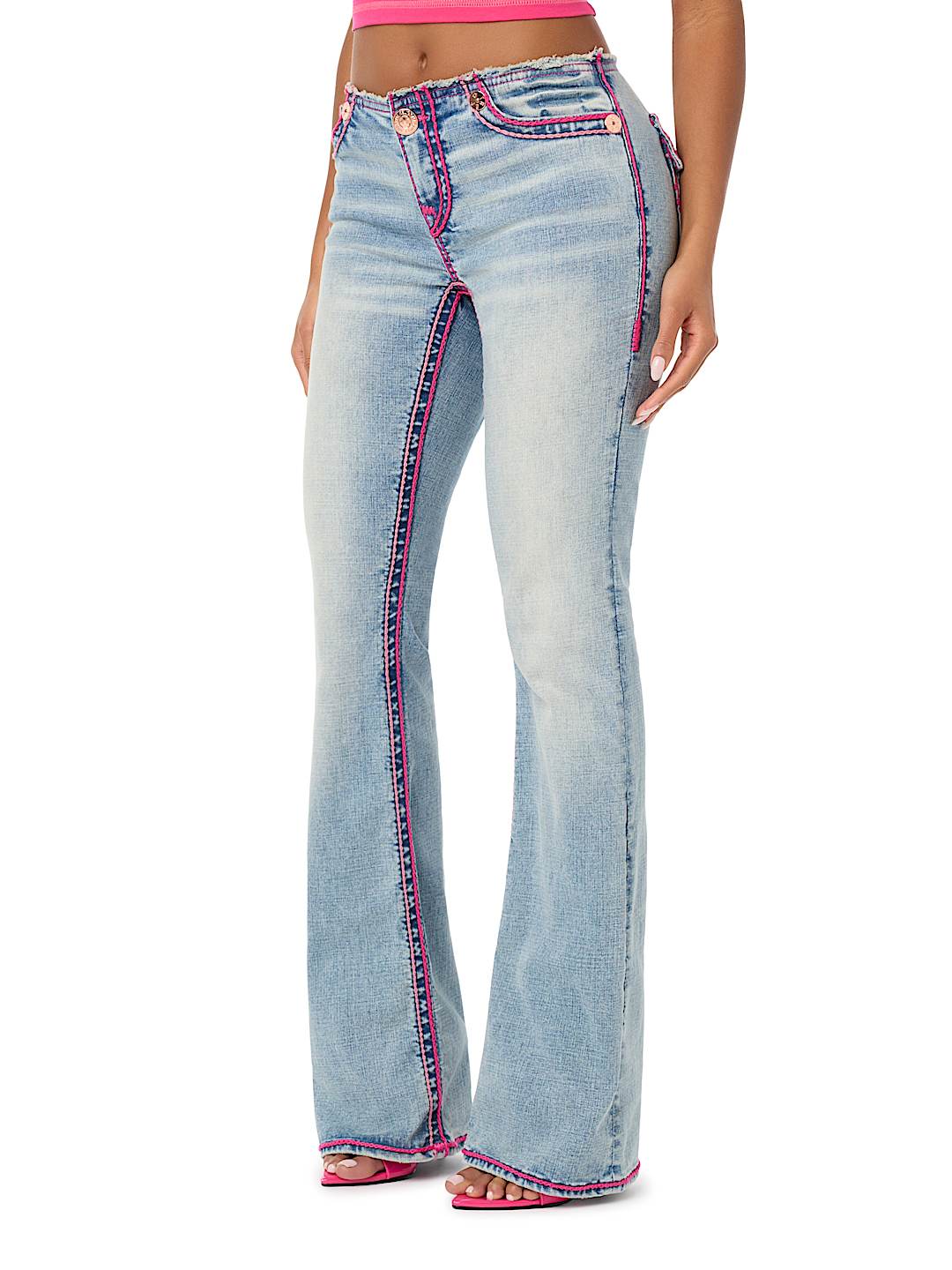 TRUE RELIGION X BABY PHAT BECCA LOW RISE CUT OFF WAISTBAND ROPE STITCH BOOTCUT JEAN