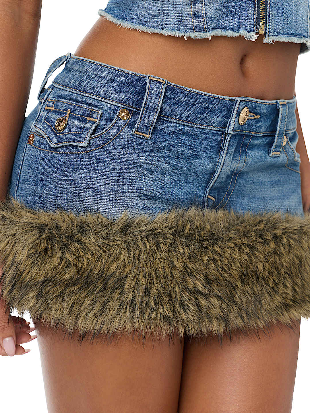 TRUE RELIGION X BABY PHAT DENIM FUR FLAP SKIRT