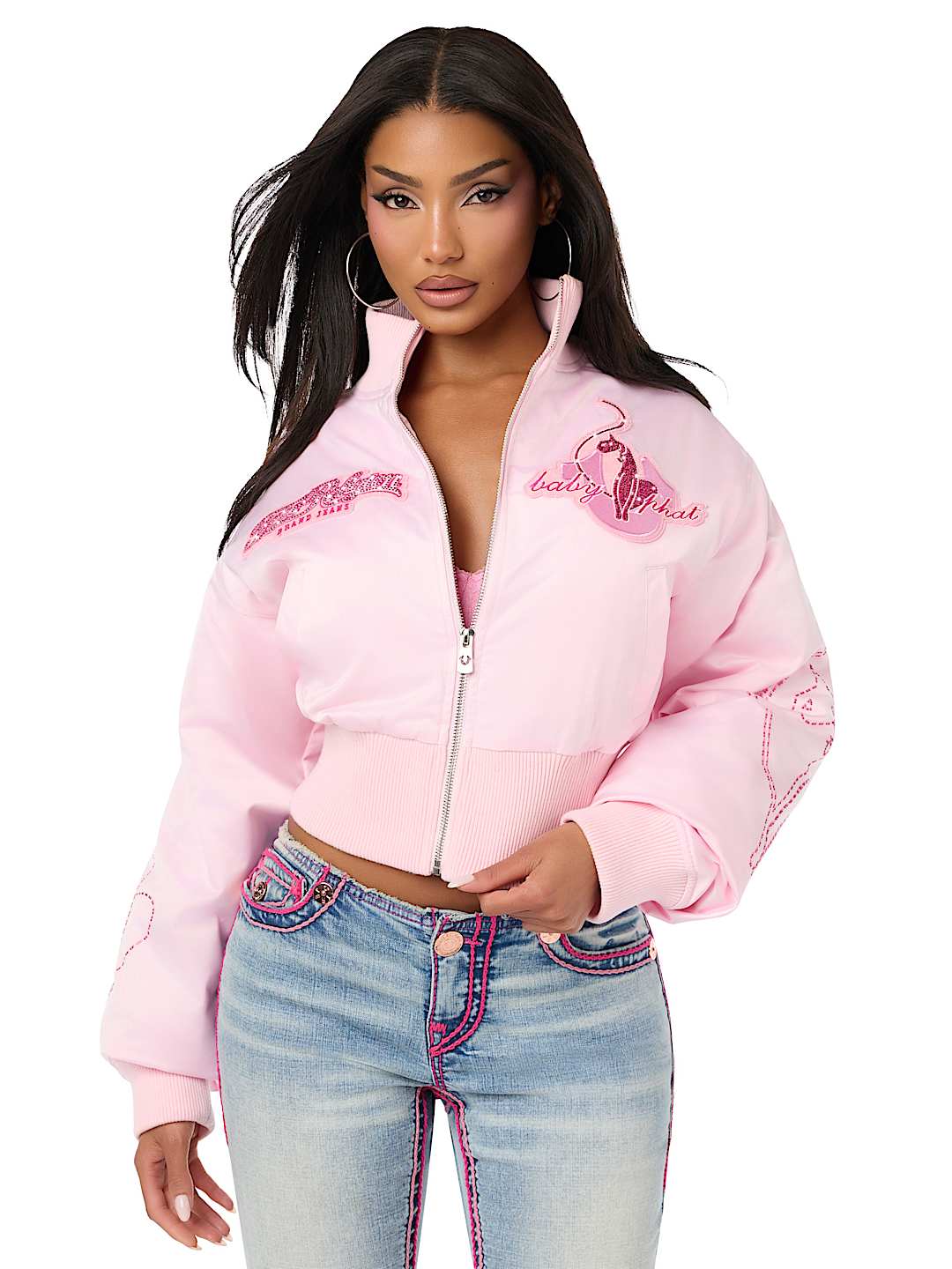 TRUE RELIGION X BABY PHAT CRYSTAL SATIN BOMBER JACKET