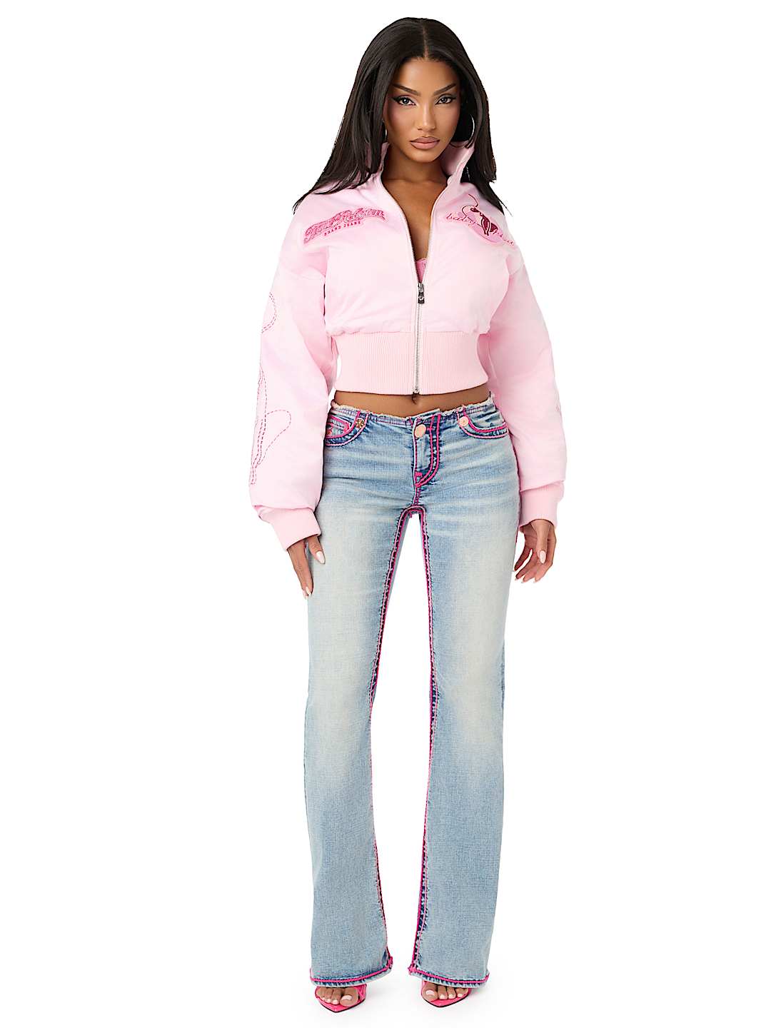 TRUE RELIGION X BABY PHAT CRYSTAL SATIN BOMBER JACKET