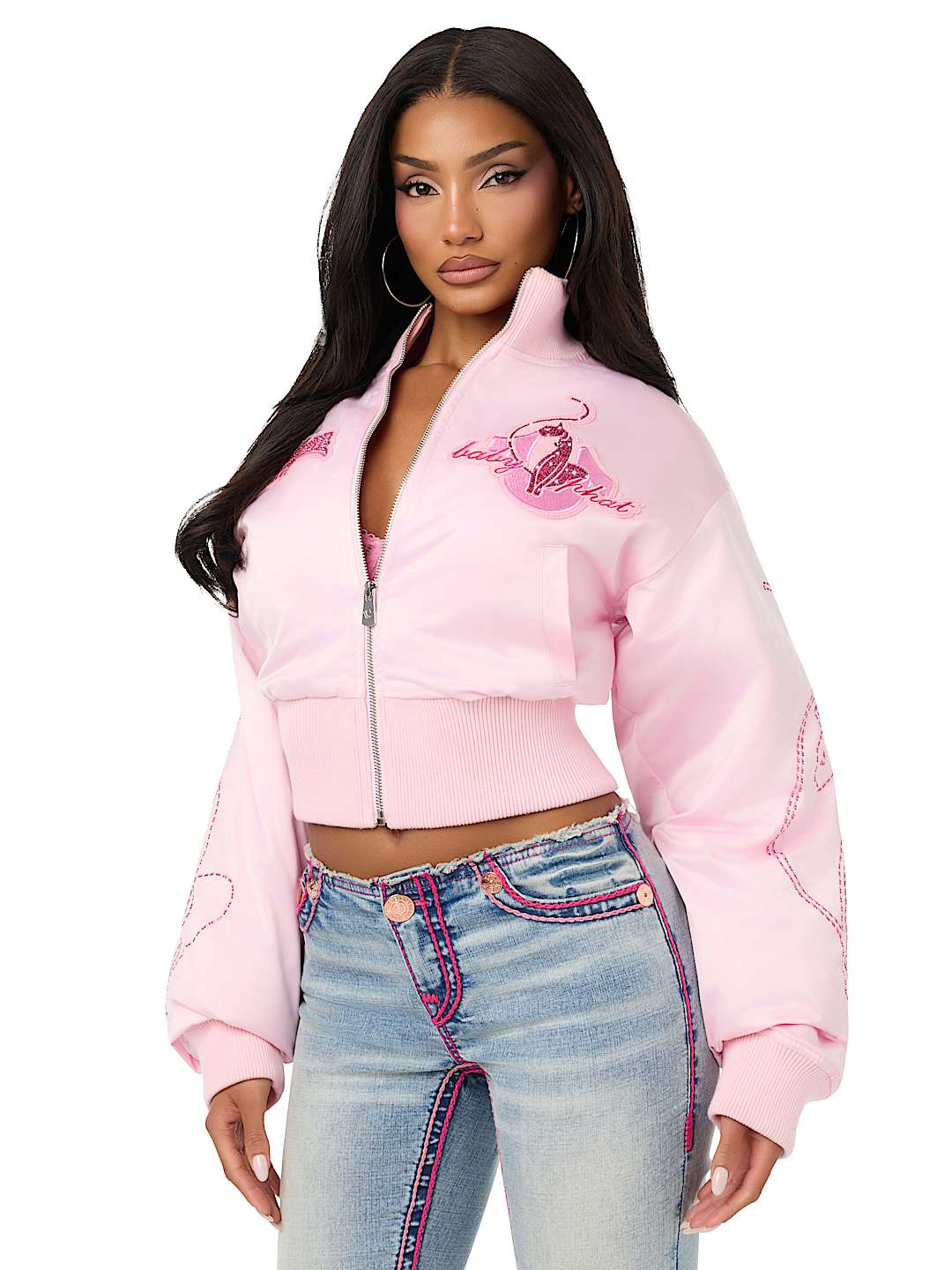 TRUE RELIGION X BABY PHAT CRYSTAL SATIN BOMBER JACKET