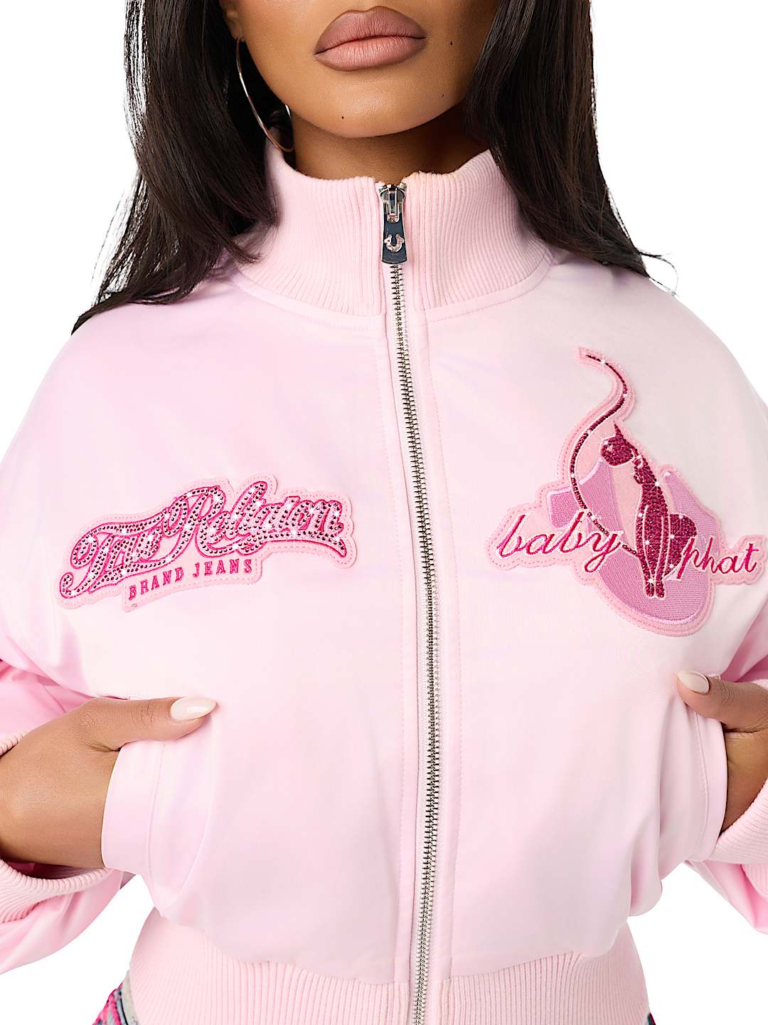 TRUE RELIGION X BABY PHAT CRYSTAL SATIN BOMBER JACKET