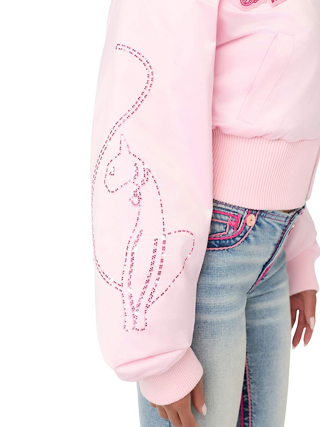 TRUE RELIGION X BABY PHAT CRYSTAL SATIN BOMBER JACKET