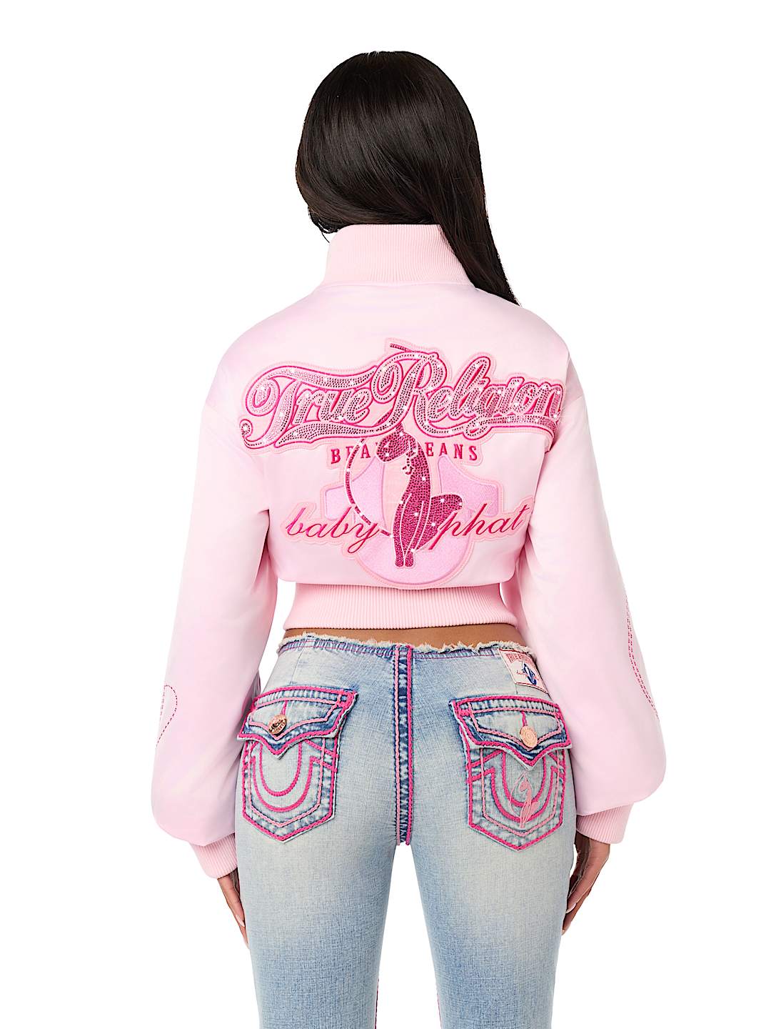 TRUE RELIGION X BABY PHAT CRYSTAL SATIN BOMBER JACKET