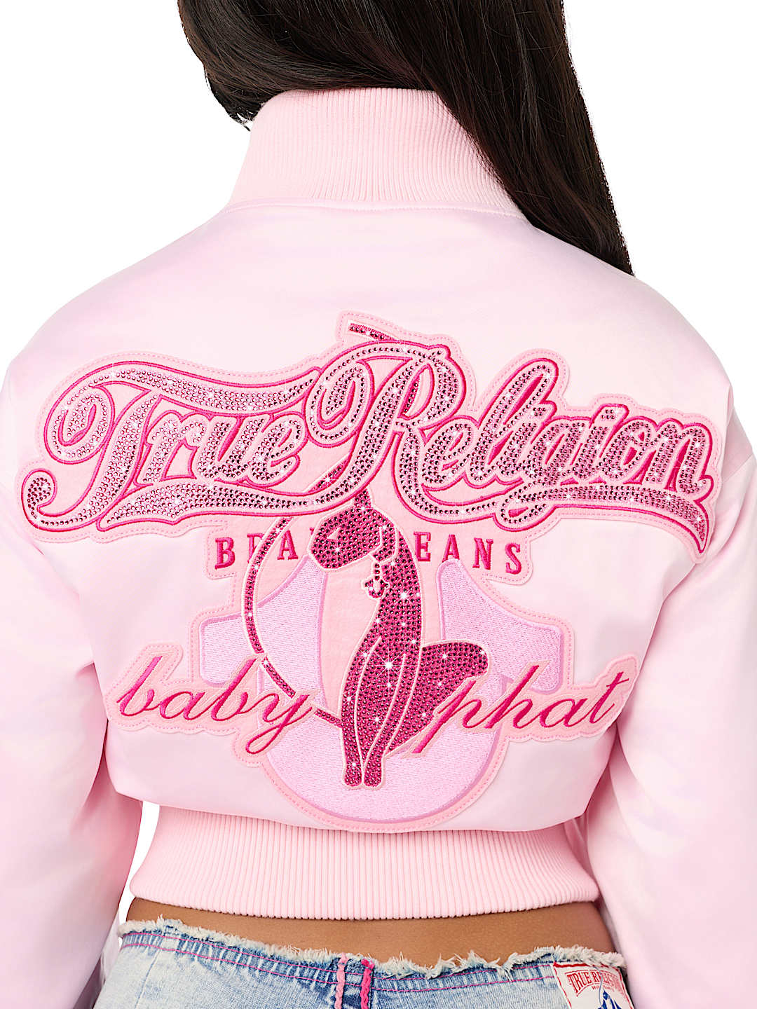 TRUE RELIGION X BABY PHAT CRYSTAL SATIN BOMBER JACKET