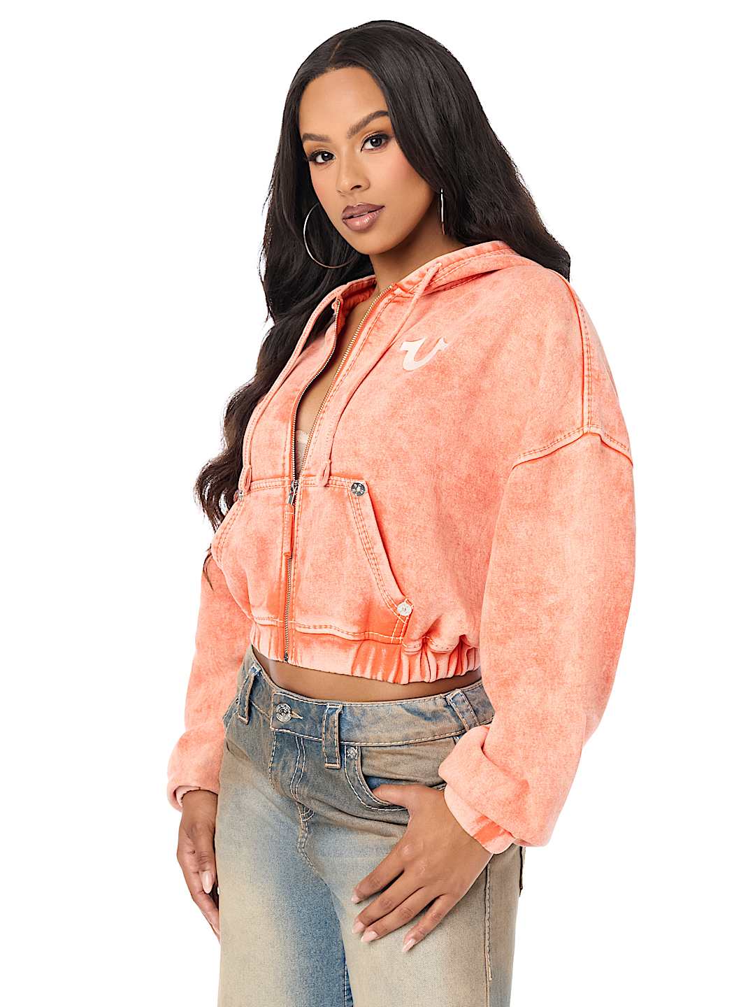 WASHED BIG T EMBROIDERED  GIRLFRIEND ZIP-UP HOODIE