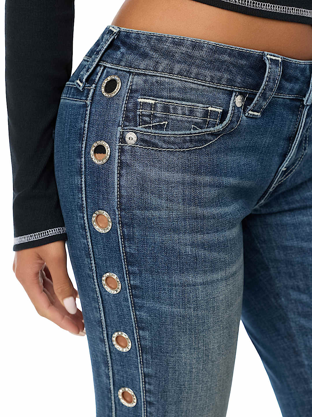 BECCA LOW RISE CRYSTAL GROMMET BOOTCUT JEAN