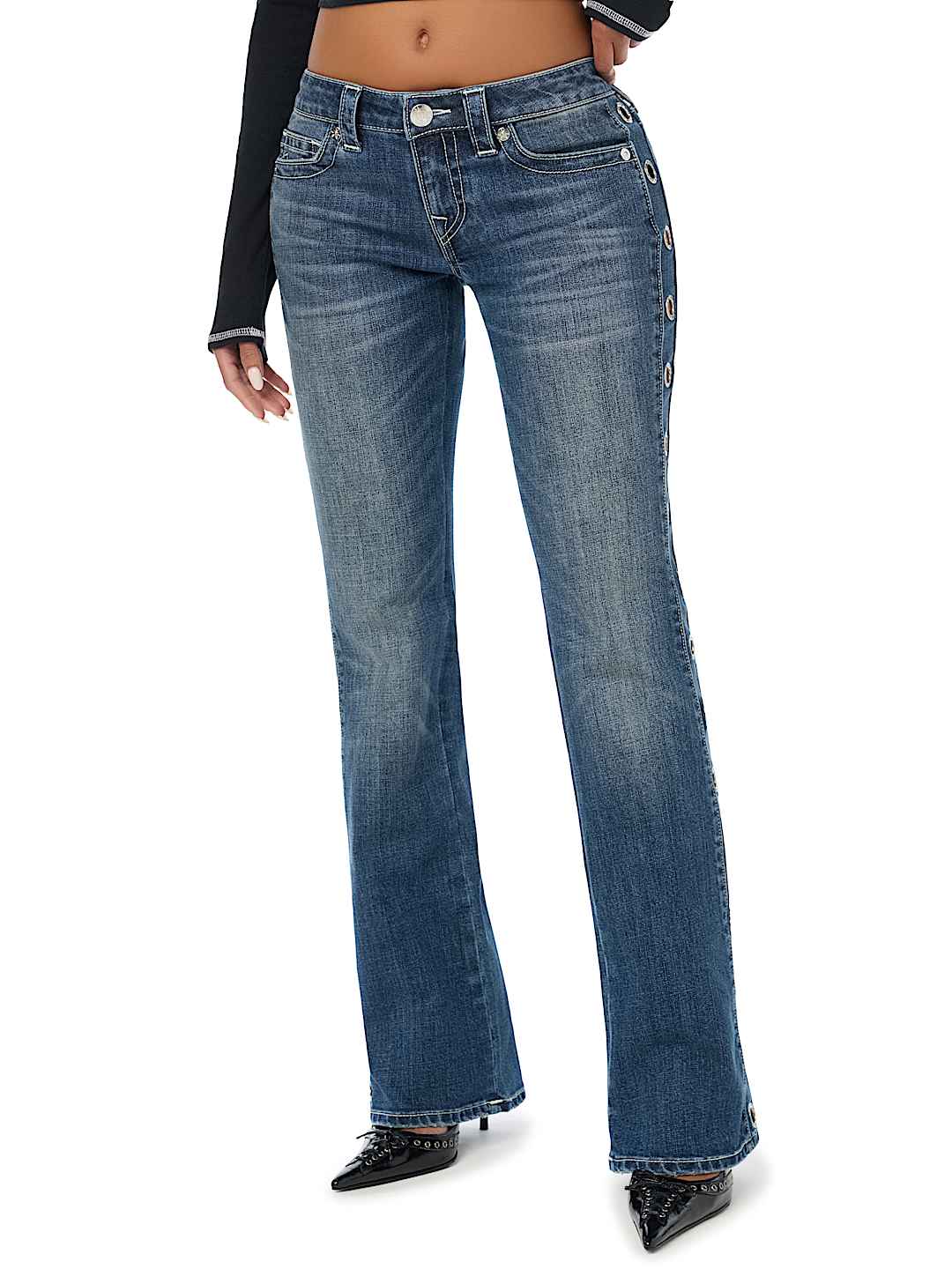 BECCA LOW RISE CRYSTAL GROMMET BOOTCUT JEAN