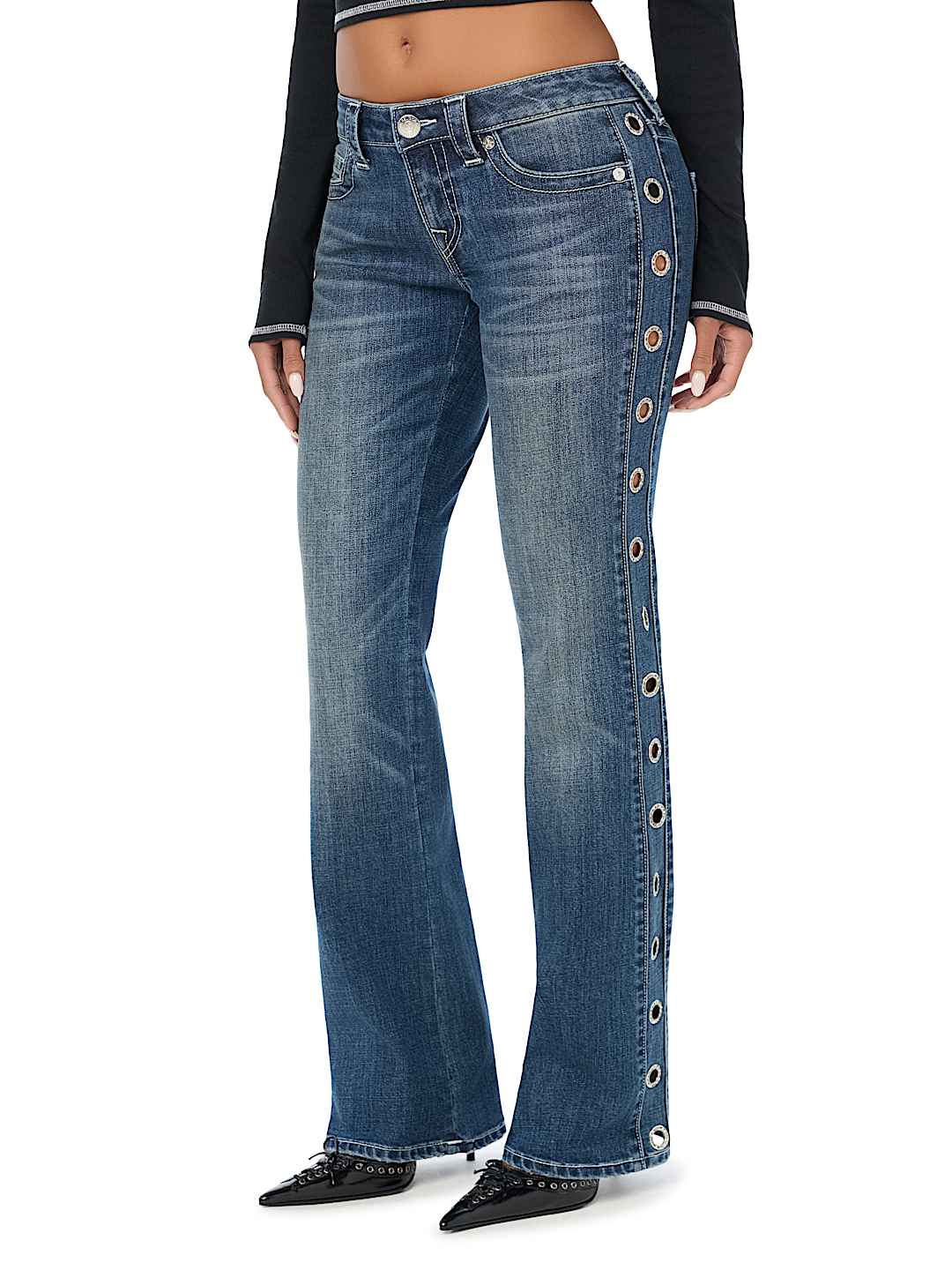 BECCA LOW RISE CRYSTAL GROMMET BOOTCUT JEAN