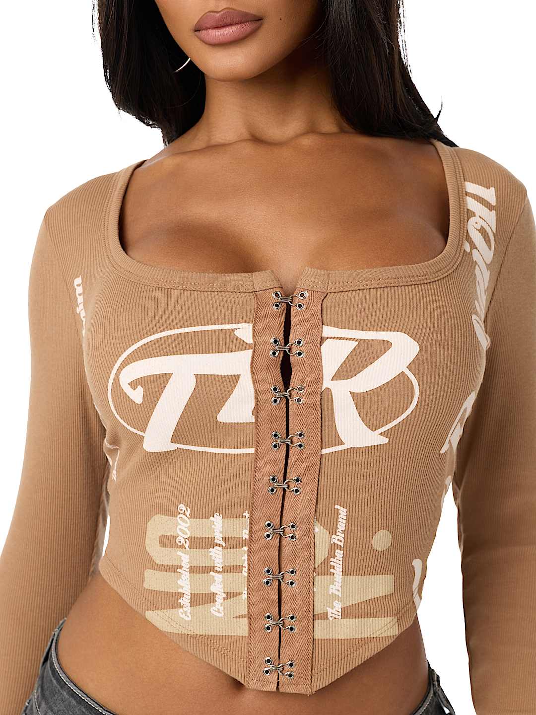 CORSET LONG SLEEVE RIBBED TOP