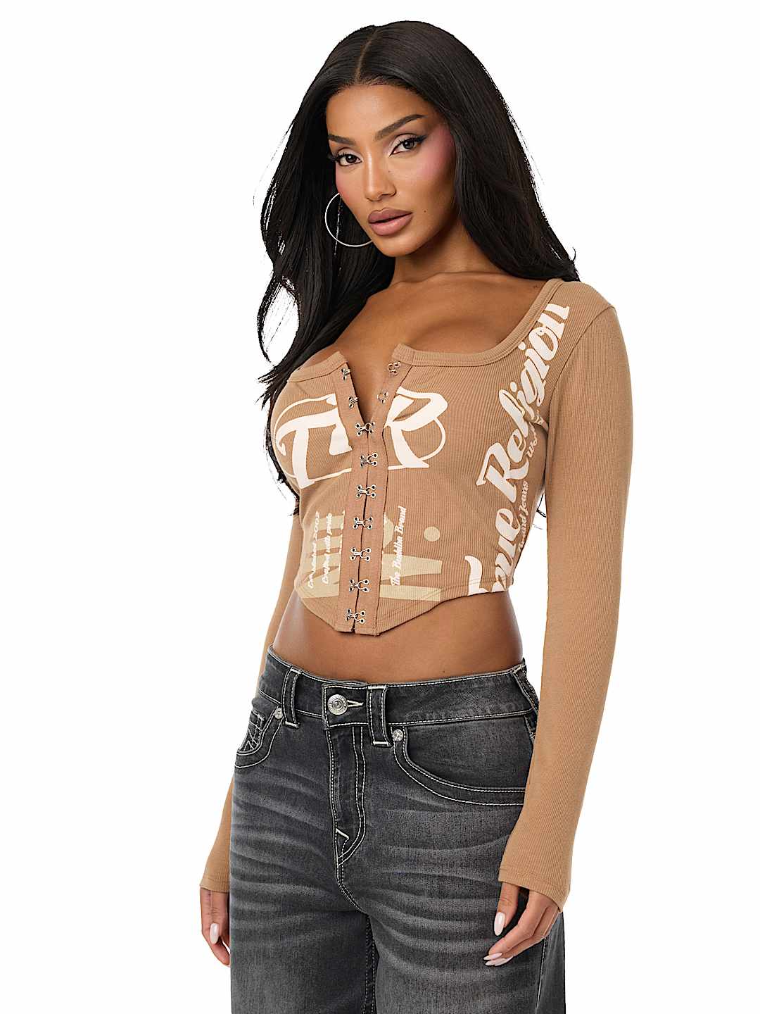 CORSET LONG SLEEVE RIBBED TOP