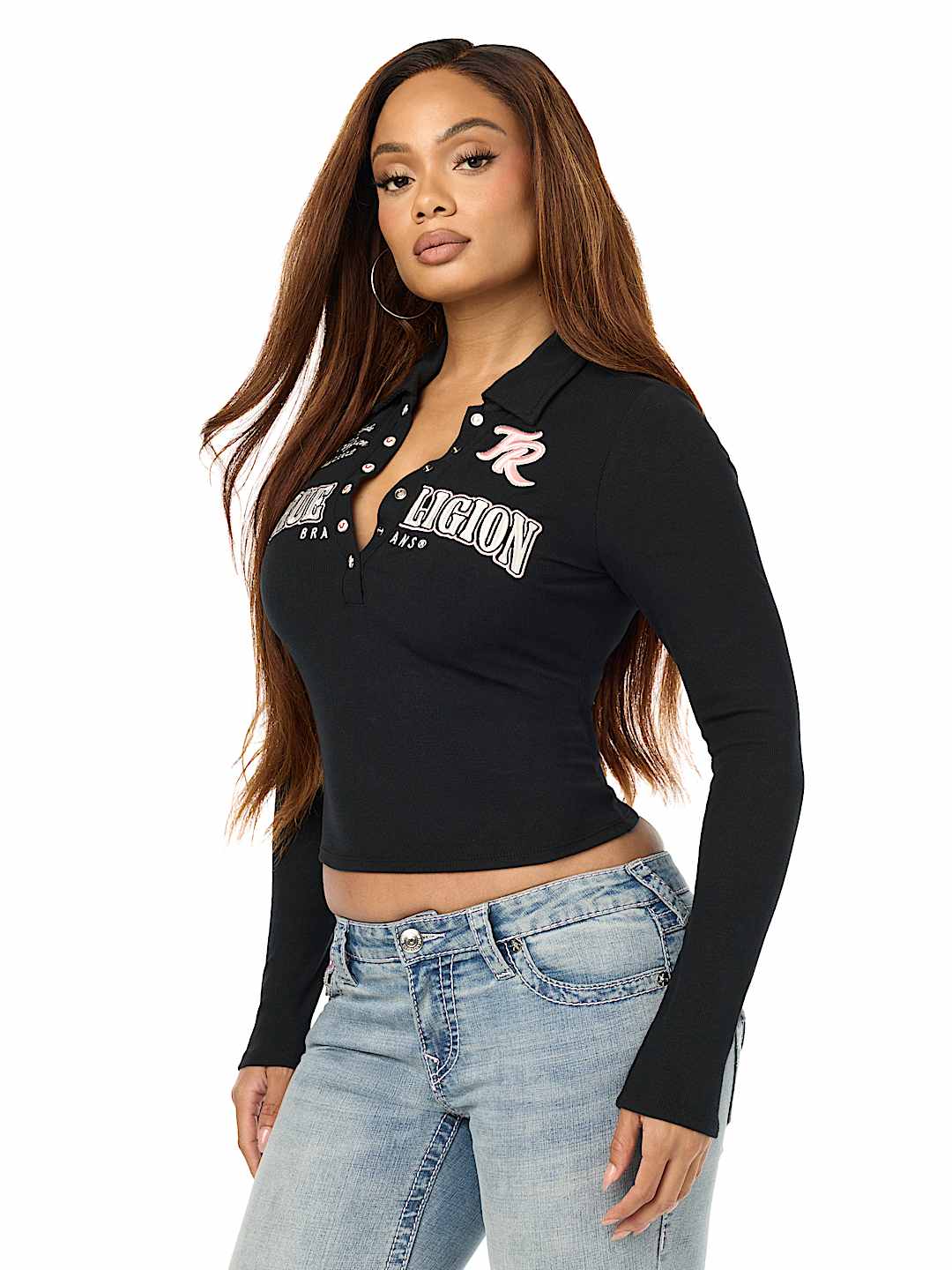 RIBBED POLO HENLEY LONG SLEEVE TOP
