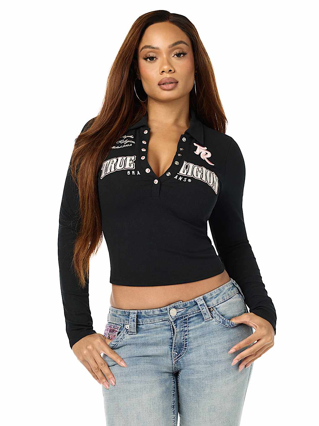 RIBBED POLO HENLEY LONG SLEEVE TOP