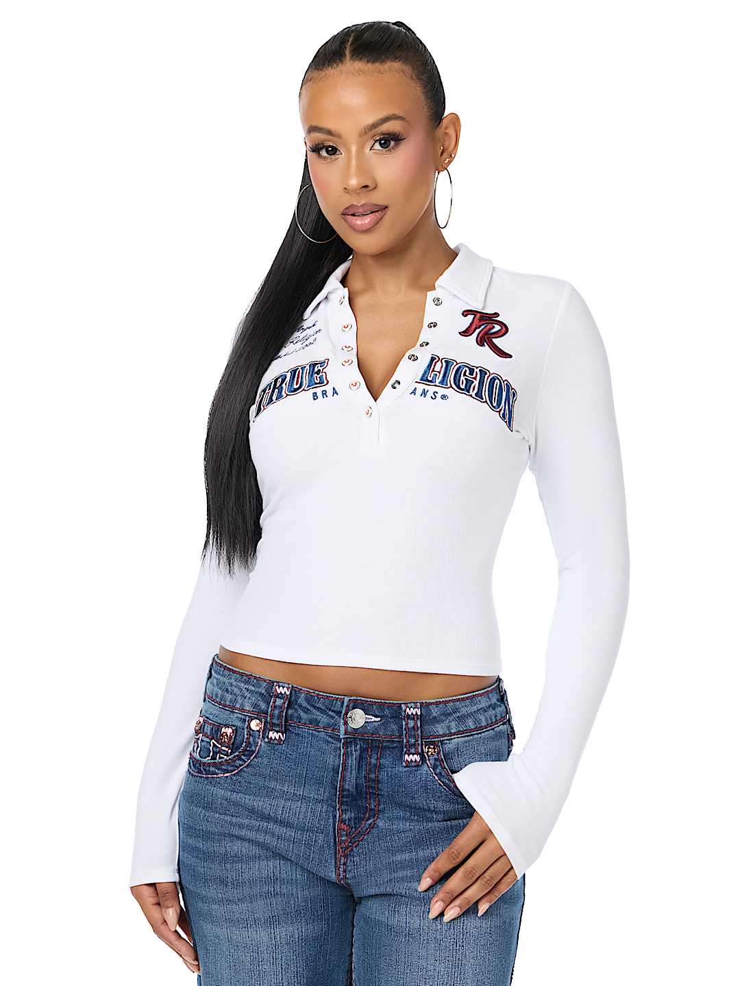 RIBBED POLO HENLEY LONG SLEEVE TOP
