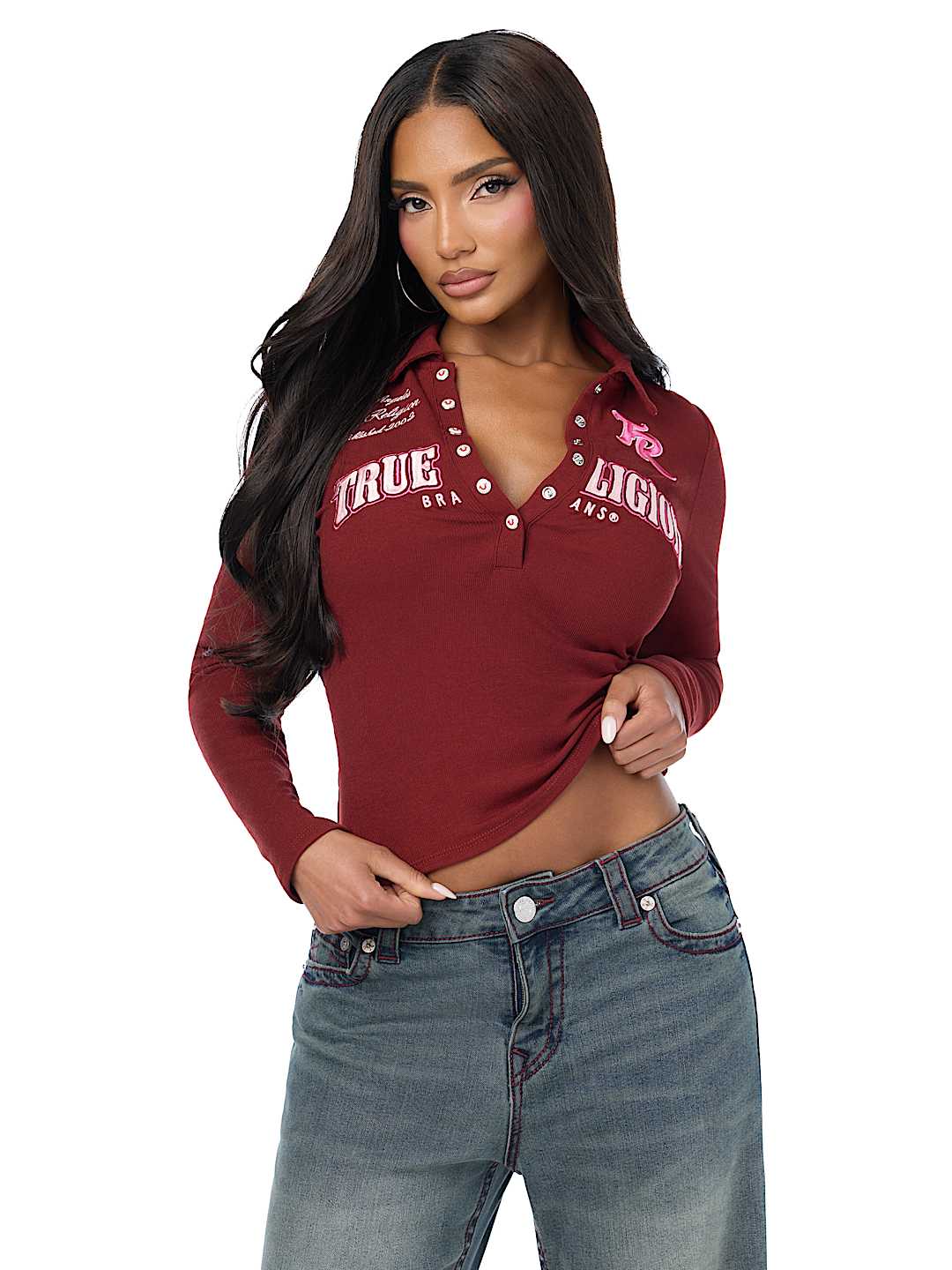 RIBBED POLO HENLEY LONG SLEEVE TOP