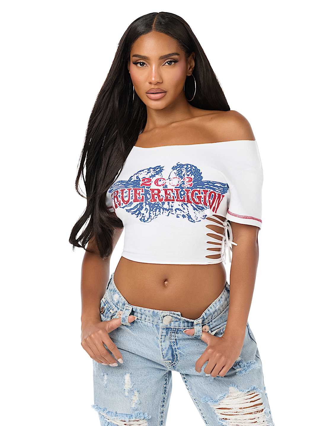 CUSTOM OFF-THE-SHOULDER LACE-UP TEE
