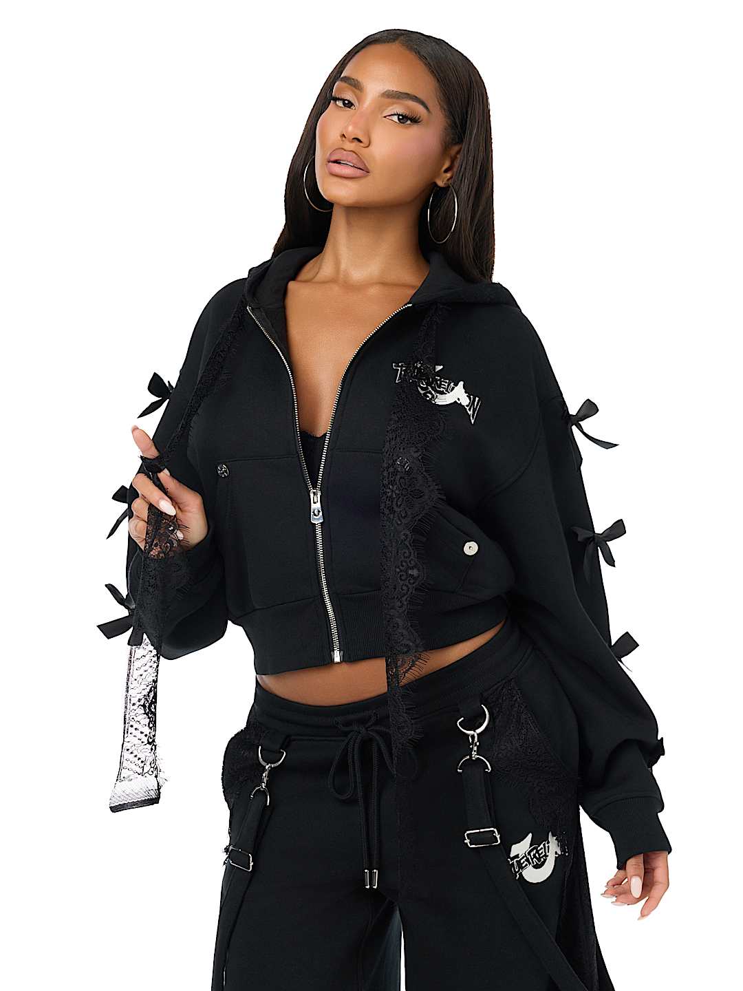 CUSTOM LACE BOW EMBROIDERED ZIP-UP HOODIE