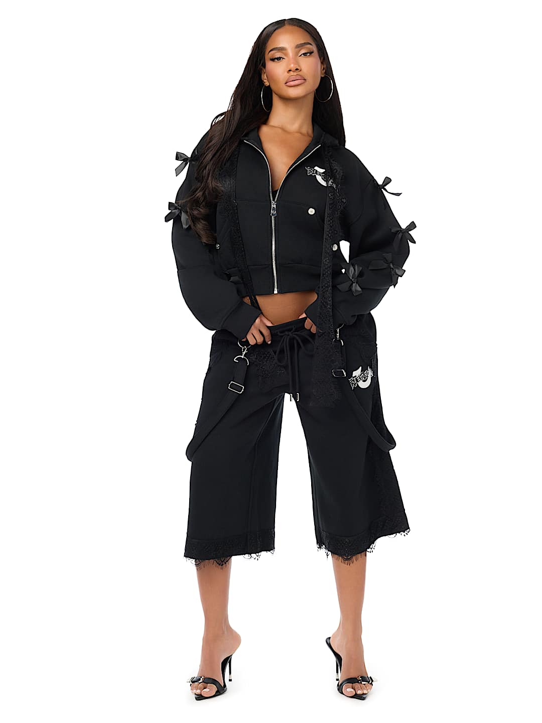 CUSTOM LACE BOW EMBROIDERED ZIP-UP HOODIE