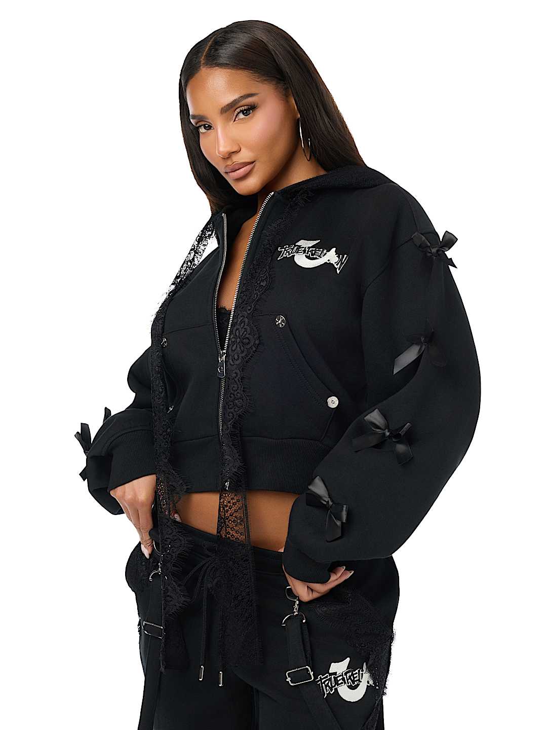 CUSTOM LACE BOW EMBROIDERED ZIP-UP HOODIE