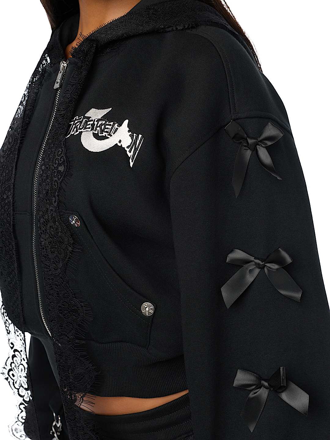 CUSTOM LACE BOW EMBROIDERED ZIP-UP HOODIE