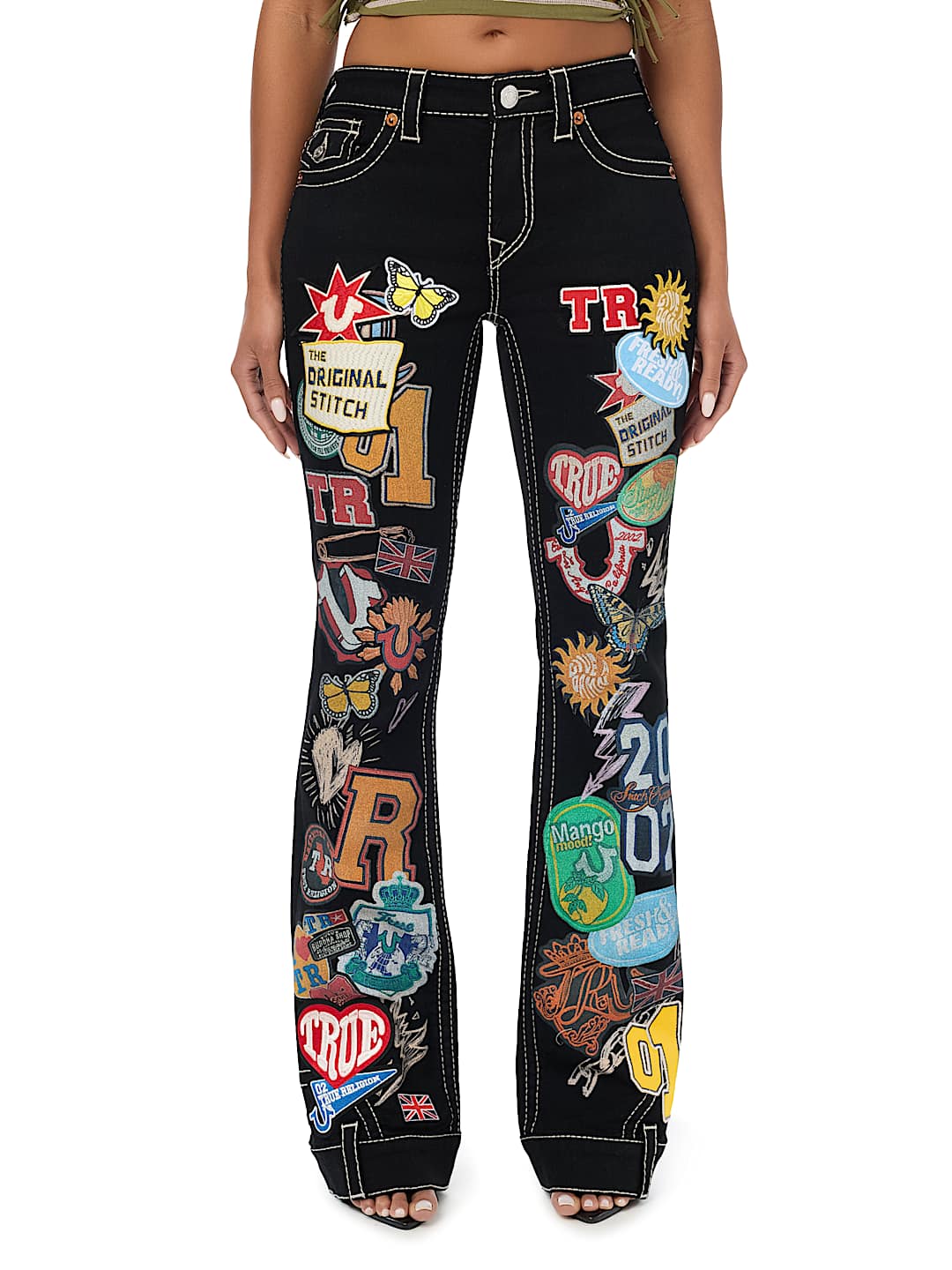 CUSTOM BECCA MID RISE EMBROIDERED PATCHES BIG T BOOTCUT JEAN