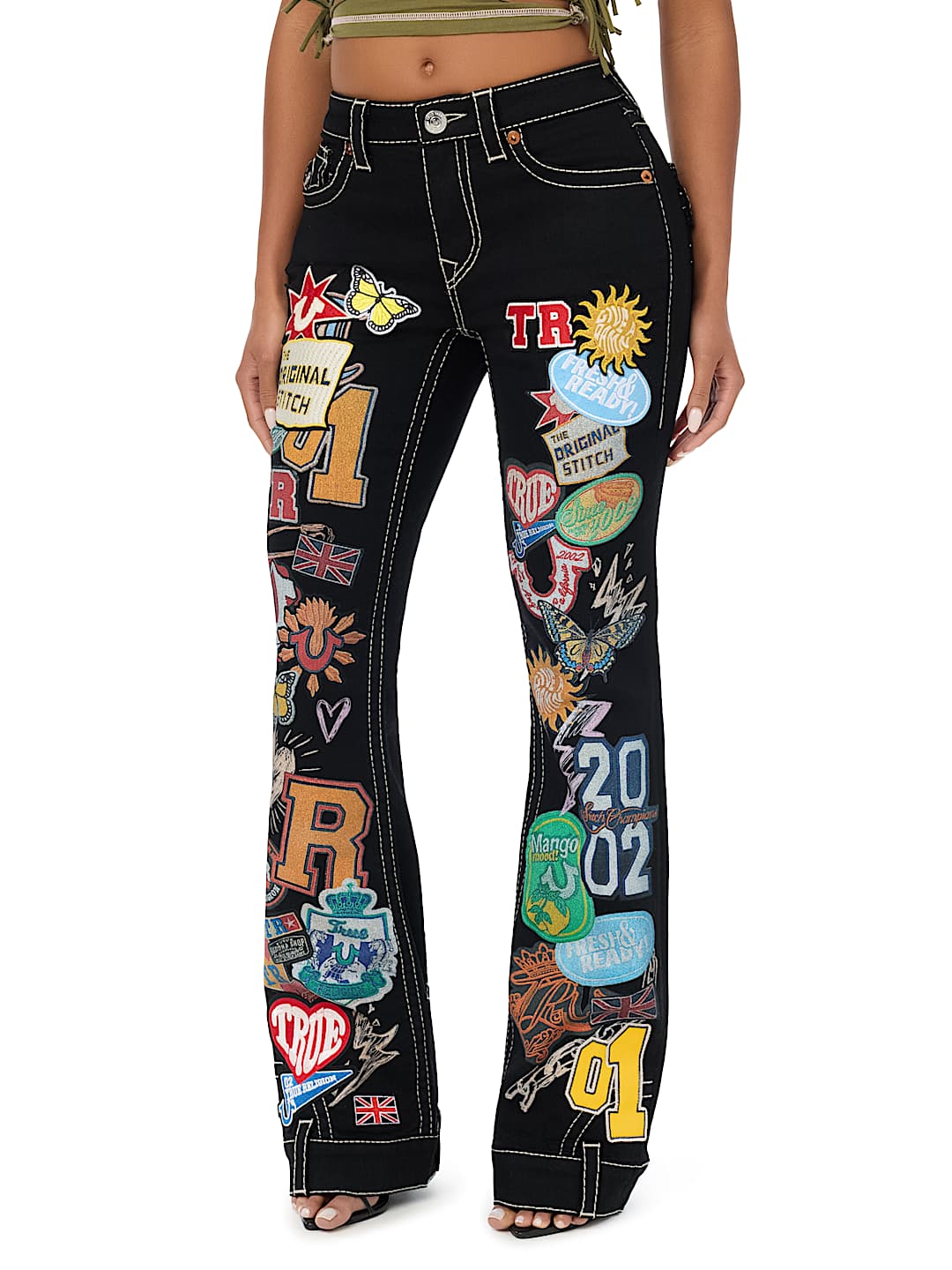 CUSTOM BECCA MID RISE EMBROIDERED PATCHES BIG T BOOTCUT JEAN