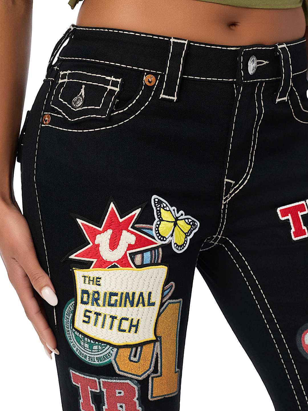 CUSTOM BECCA MID RISE EMBROIDERED PATCHES BIG T BOOTCUT JEAN