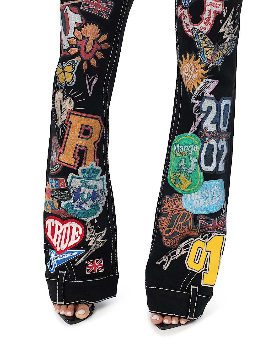 CUSTOM BECCA MID RISE EMBROIDERED PATCHES BIG T BOOTCUT JEAN