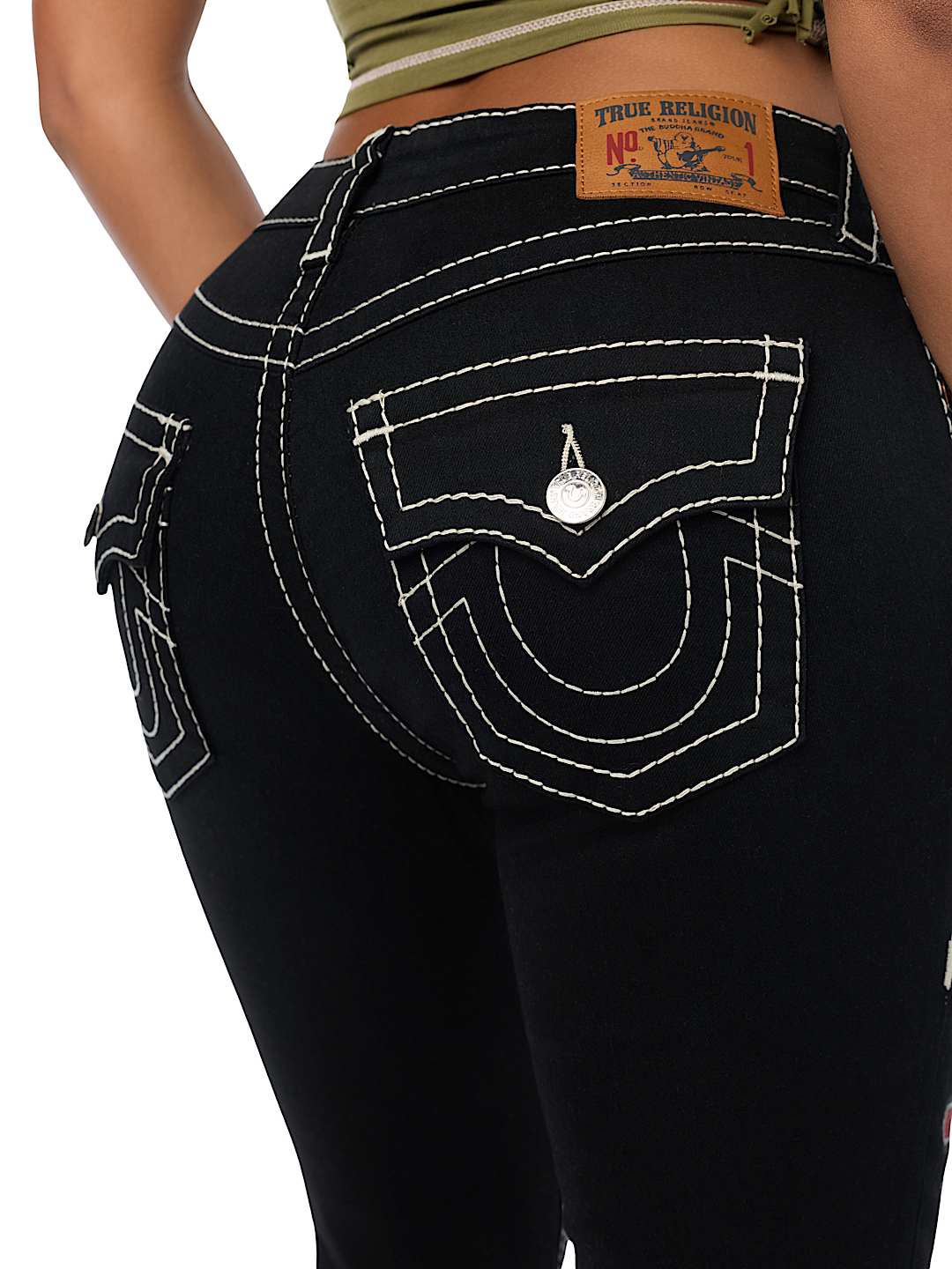 CUSTOM BECCA MID RISE EMBROIDERED PATCHES BIG T BOOTCUT JEAN