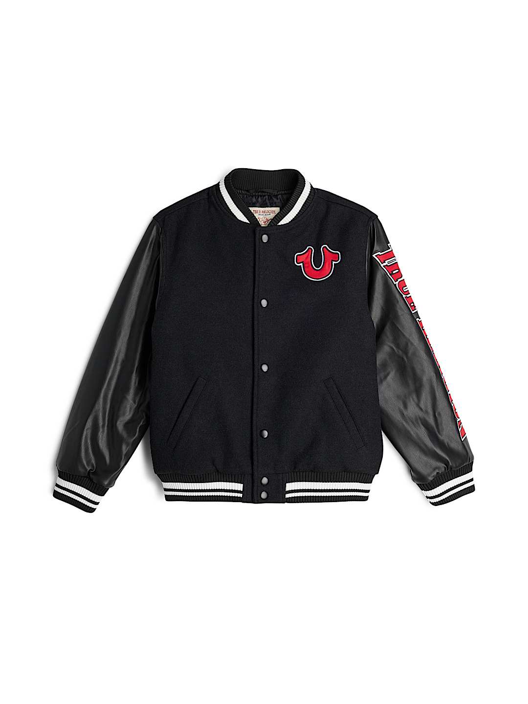 BOYS CONTRAST FAUX LEATHER VARSITY JACKET
