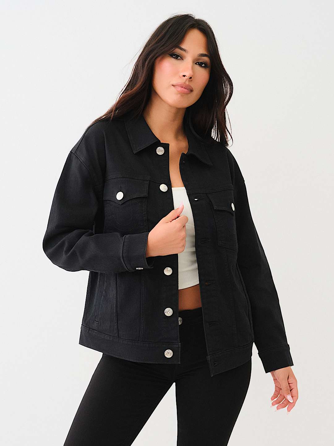 OVERSIZED GLITTER LOGO DENIM TRUCKER JACKET