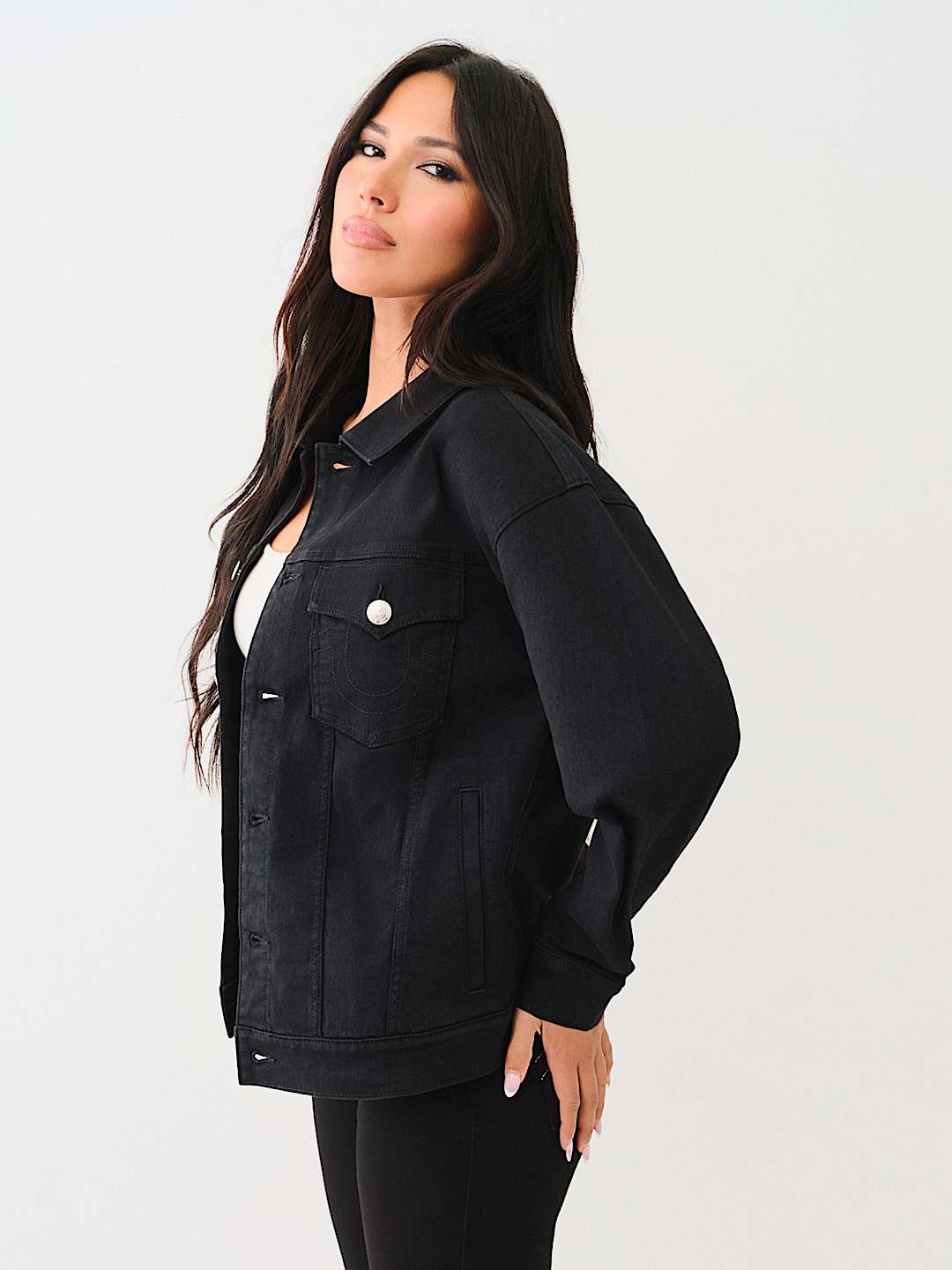 OVERSIZED GLITTER LOGO DENIM TRUCKER JACKET