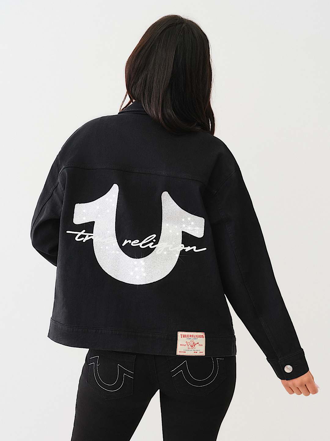 OVERSIZED GLITTER LOGO DENIM TRUCKER JACKET