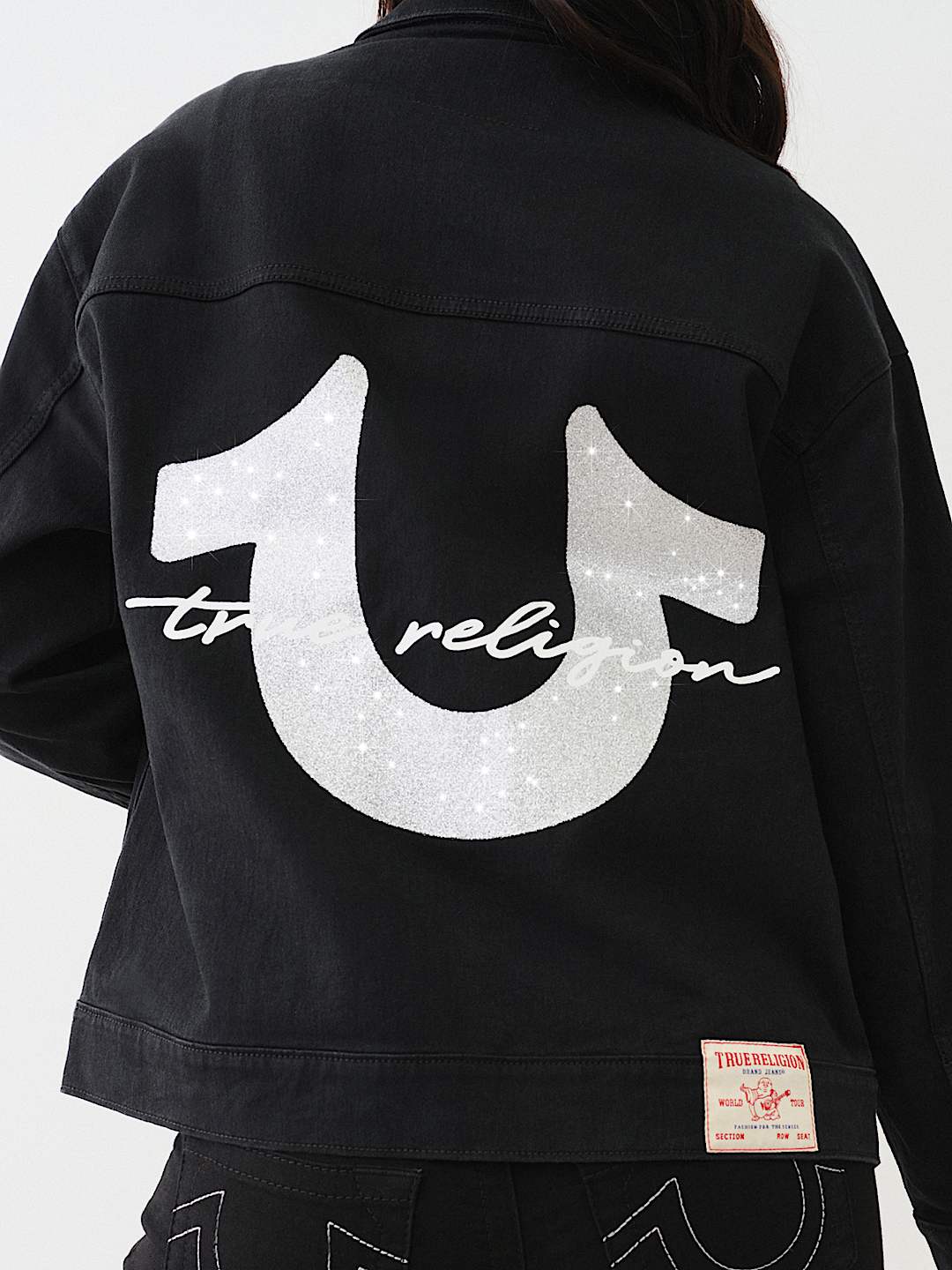 OVERSIZED GLITTER LOGO DENIM TRUCKER JACKET