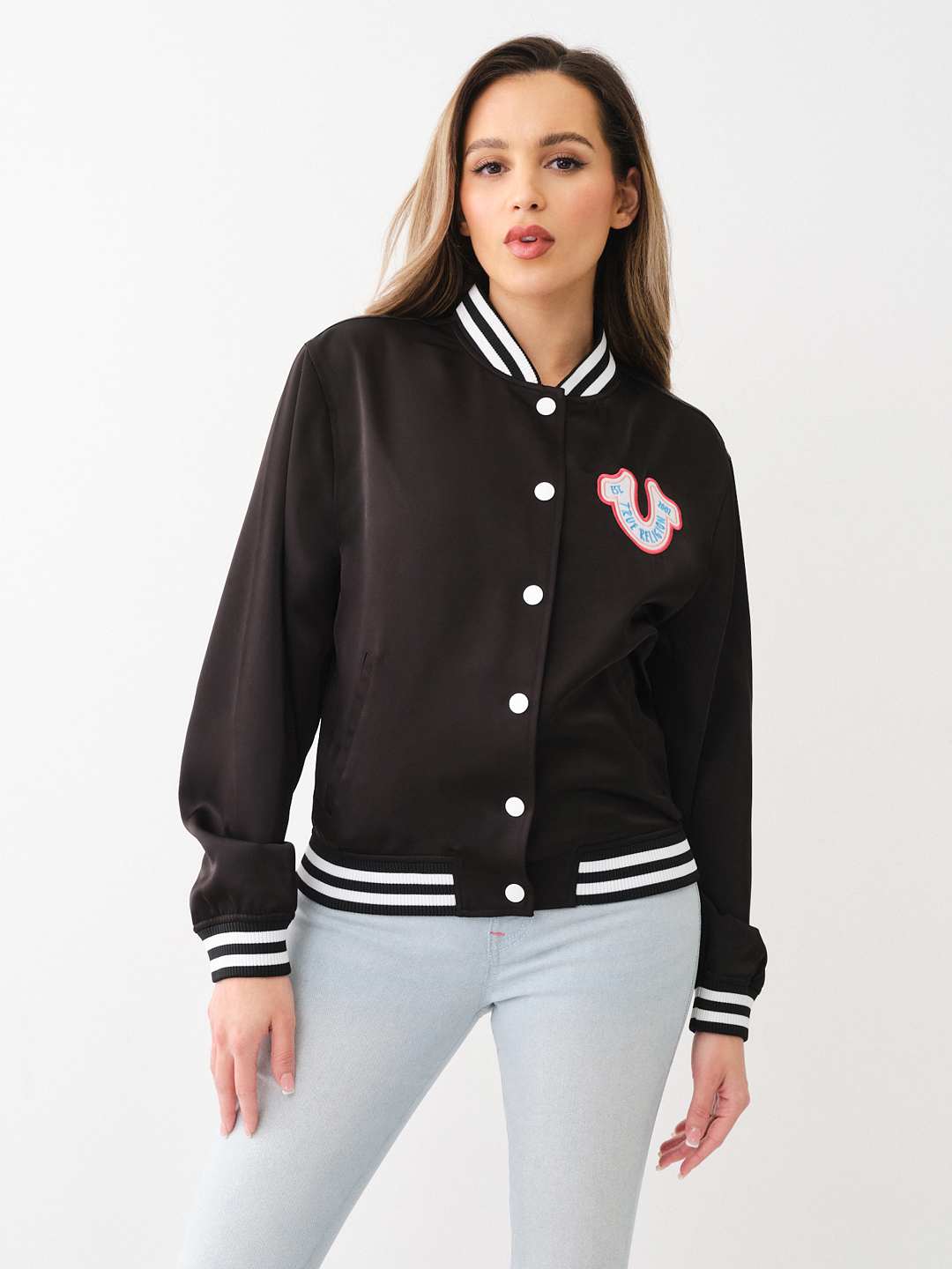 HORSESHOE SATIN VARSITY BOMBER JACKET