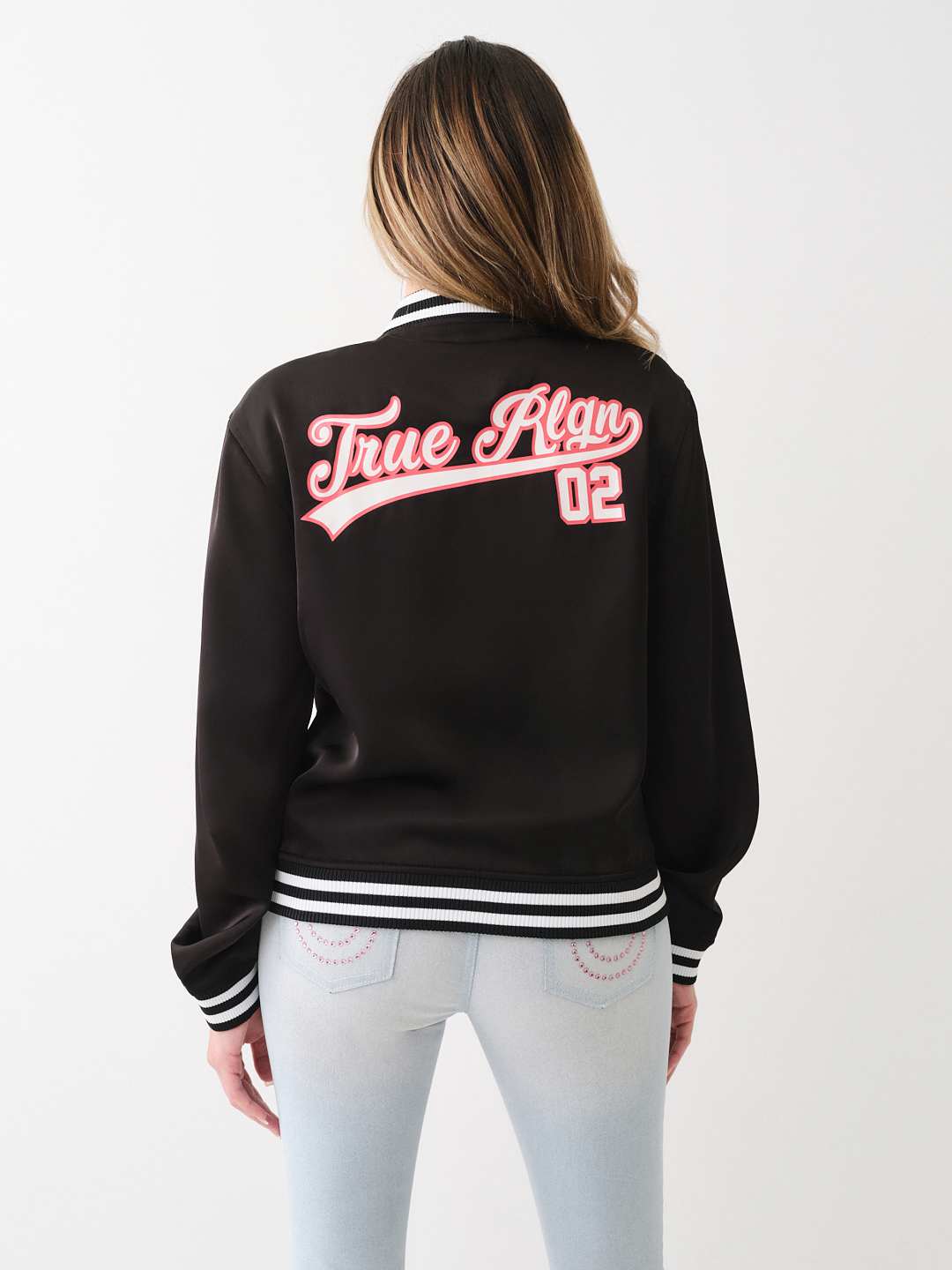HORSESHOE SATIN VARSITY BOMBER JACKET