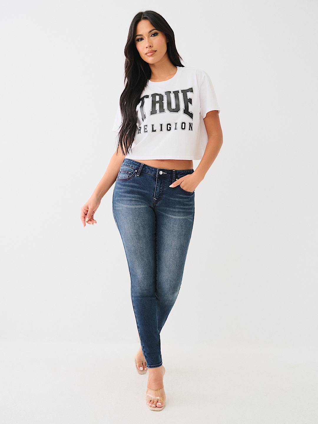 JENNIE MID RISE CRYSTAL CURVY SKINNY JEAN