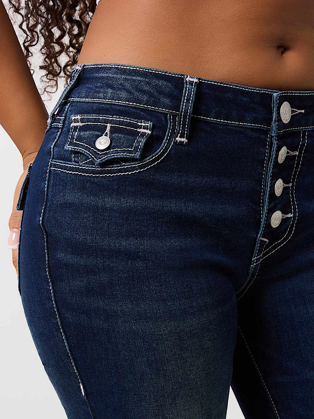 BECCA EXPOSED BUTTON FLY BOOTCUT JEANS, image 5